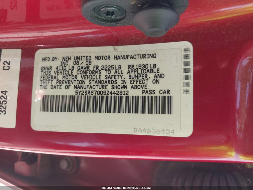 2009 Pontiac Vibe VIN 5Y2SR67009Z442812 IAAI salvage auction — HAIL, Original (Texas), sold $875 on 2026-07-22 (photo 9)