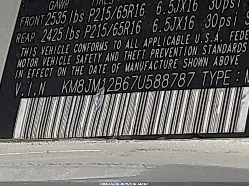 2007 Hyundai Tucson VIN KM8JM12B67U588787 IAAI salvage auction — FRONT & REAR, Clear (New York), sold $750 on 2026-07-28 (photo 9)