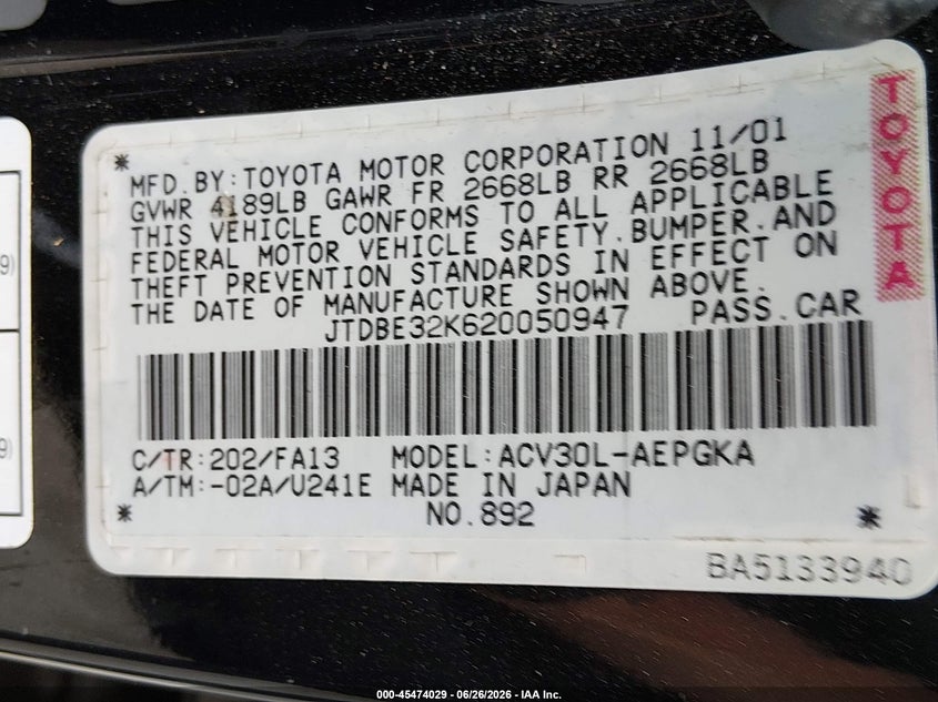 2002 Toyota Camry VIN JTDBE32K620050947 IAAI salvage auction — LEFT FRONT, Bill Of Sale (Washington), sold $350 on 2026-07-15 (photo 9)