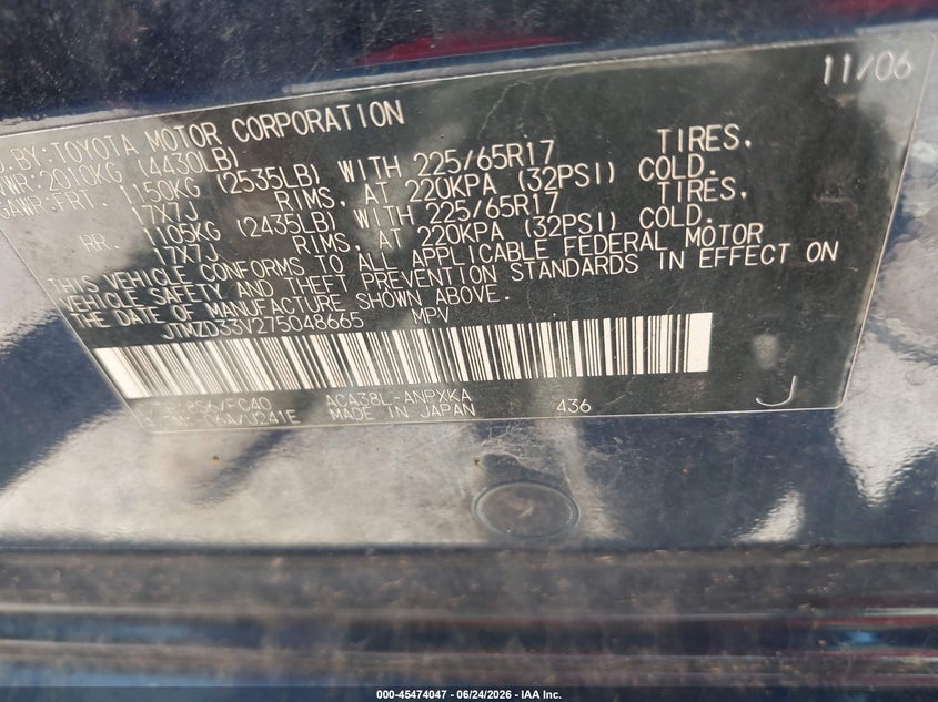 2007 Toyota Rav4 VIN JTMZD33V275048665 IAAI salvage auction — NORMAL WEAR, Clear (Indiana), sold $1,000 on 2026-07-29 (photo 9)