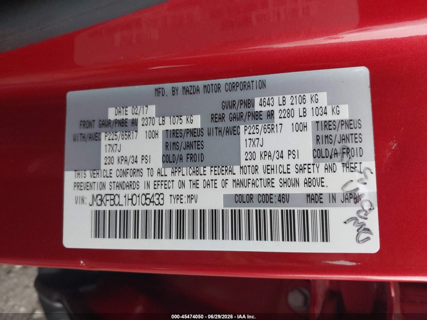 2017 Mazda Cx-5 VIN JM3KFBCL1H0105433 IAAI salvage auction — FRONT END, Salvage Title, sold $1,300 on 2026-07-28 (photo 9)