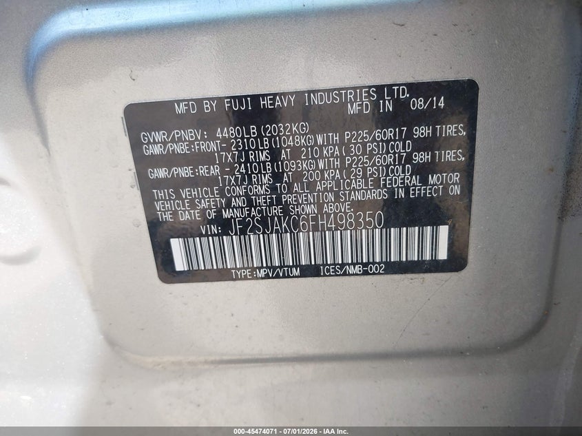 2015 Subaru Forester VIN JF2SJAKC6FH498350 IAAI salvage auction — FRONT END, Salvage Title, sold $2,075 on 2026-07-17 (photo 9)