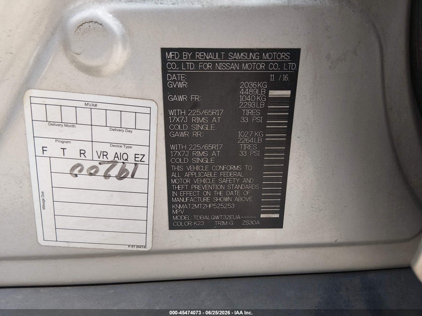 2017 Nissan Rogue VIN KNMAT2MT2HP525253 IAAI salvage auction — FRONT END, Salvage (Louisiana), sold $1,350 on 2026-07-15 (photo 9)