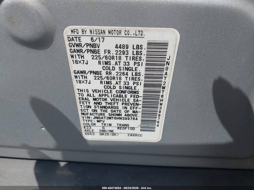 2017 Nissan Rogue VIN JN8AT2MT6HW399764 IAAI salvage auction — REAR END, Salvage (Tennessee), sold $3,600 on 2026-07-30 (photo 9)