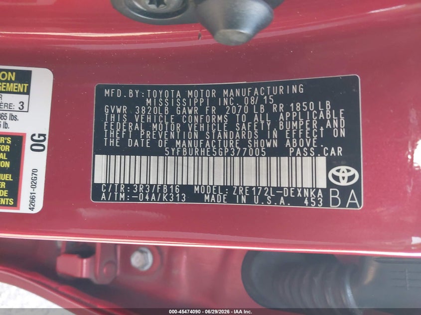 2016 Toyota Corolla VIN 5YFBURHE5GP377005 IAAI salvage auction — LEFT REAR, Rebuildable (Florida), sold $2,300 on 2026-07-28 (photo 9)