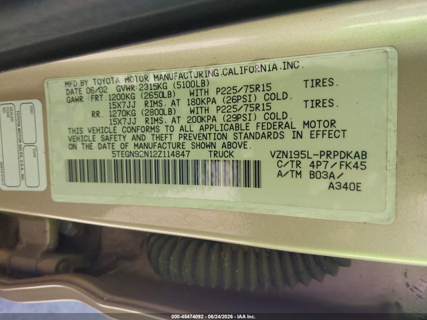2002 Toyota Tacoma VIN 5TEGN92N12Z114847 IAAI salvage auction — NORMAL WEAR, Clear - Dealer Only (California), sold $4,475 on 2026-07-09 (photo 9)
