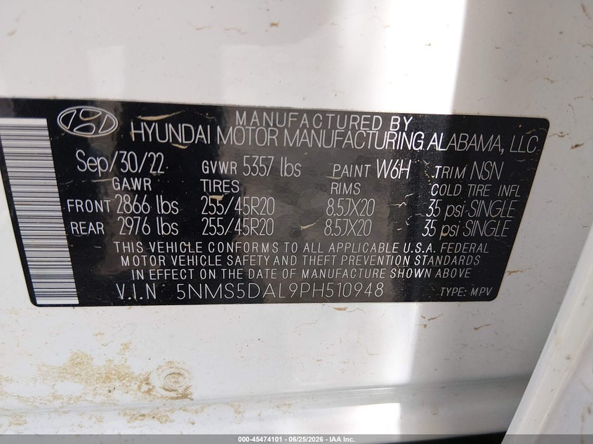 2023 Hyundai Santa fe VIN 5NMS5DAL9PH510948 IAAI salvage auction — WATER/FLOOD, Salvage (West Virginia), sold $7,100 on 2026-08-23 (photo 9)