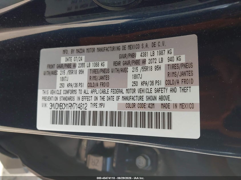 2024 Mazda Cx-30 VIN 3MVDMBCM1RM714812 IAAI salvage auction — HAIL, Salvage (Kansas), sold $11,550 on 2026-08-27 (photo 9)