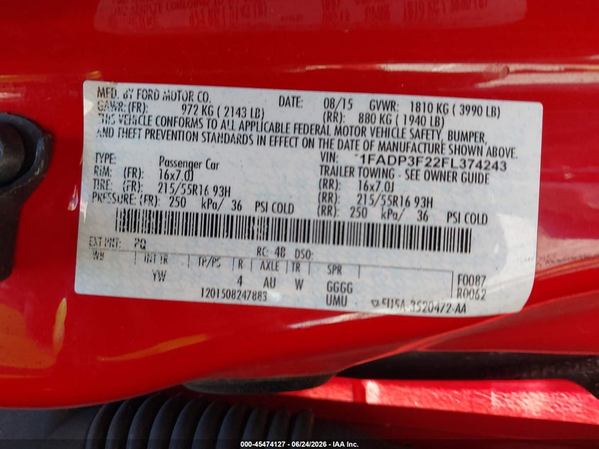 2015 Ford Focus VIN 1FADP3F22FL374243 IAAI salvage auction — FRONT END, Salvage Title, sold $200 on 2026-07-19 (photo 9)