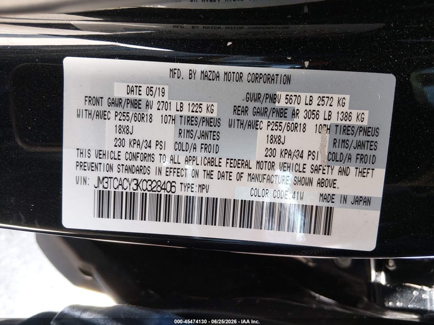 2019 Mazda Cx-9 VIN JM3TCACY3K0328406 IAAI salvage auction — FRONT END, Salvage (California), sold $5,600 on 2026-07-15 (photo 9)