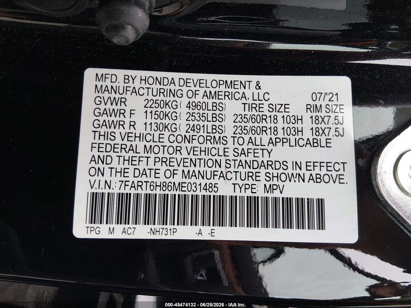 2021 Honda Cr-v VIN 7FART6H86ME031485 IAAI salvage auction — FRONT END, Bill Of Sale (Washington), sold $10,900 on 2026-07-22 (photo 9)
