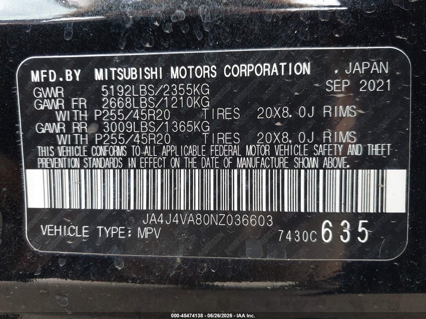 2022 Mitsubishi Outlander VIN JA4J4VA80NZ036603 IAAI salvage auction — SIDE, Salvage (California), sold $8,350 on 2026-07-29 (photo 9)