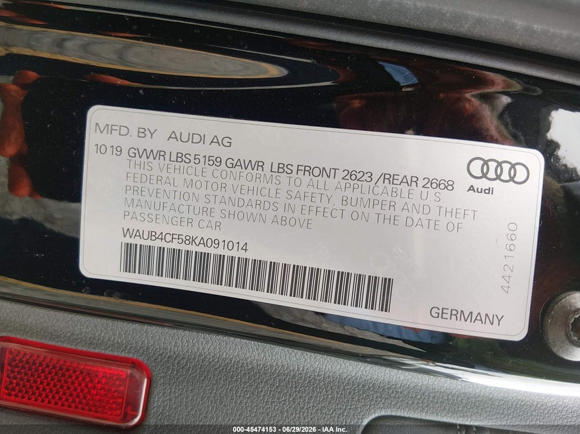 2019 Audi S5 VIN WAUB4CF58KA091014 IAAI salvage auction — FRONT END, Salvage (California), sold $625 on 2026-07-28 (photo 9)