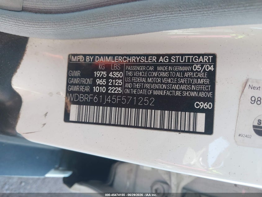 2005 Mercedes-benz C class VIN WDBRF61J45F571252 IAAI salvage auction — LEFT FRONT, Salvage (Arizona), sold $525 on 2026-07-28 (photo 9)