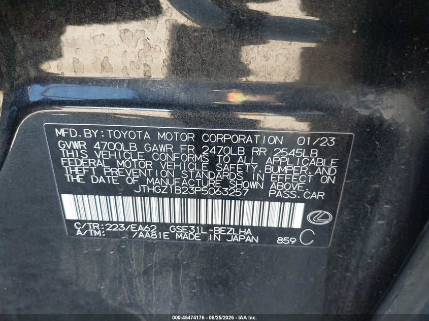 2023 Lexus Is VIN JTHGZ1B23P5063257 IAAI salvage auction — FRONT END, Salvage (California), sold $4,950 on 2026-07-28 (photo 9)