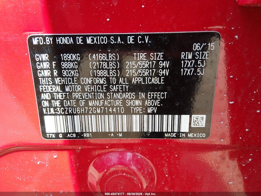 2016 Honda Hr-v VIN 3CZRU6H72GM714410 IAAI salvage auction — FRONT END, Wait Title, sold $7,000 on 2026-08-19 (photo 9)