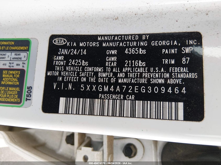 2014 Kia Optima VIN 5XXGM4A72EG309464 IAAI salvage auction — NORMAL WEAR, Clear (North Carolina), sold $450 on 2026-07-29 (photo 9)