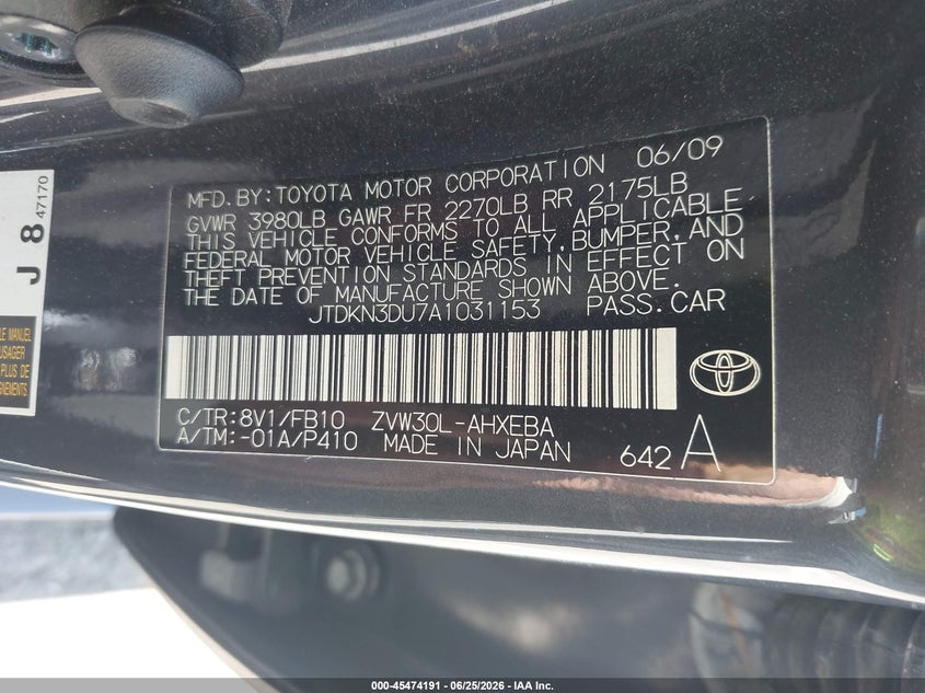 2010 Toyota Prius VIN JTDKN3DU7A1031153 IAAI salvage auction — FRONT END, Non-Repairable (California), sold $675 on 2026-07-15 (photo 9)