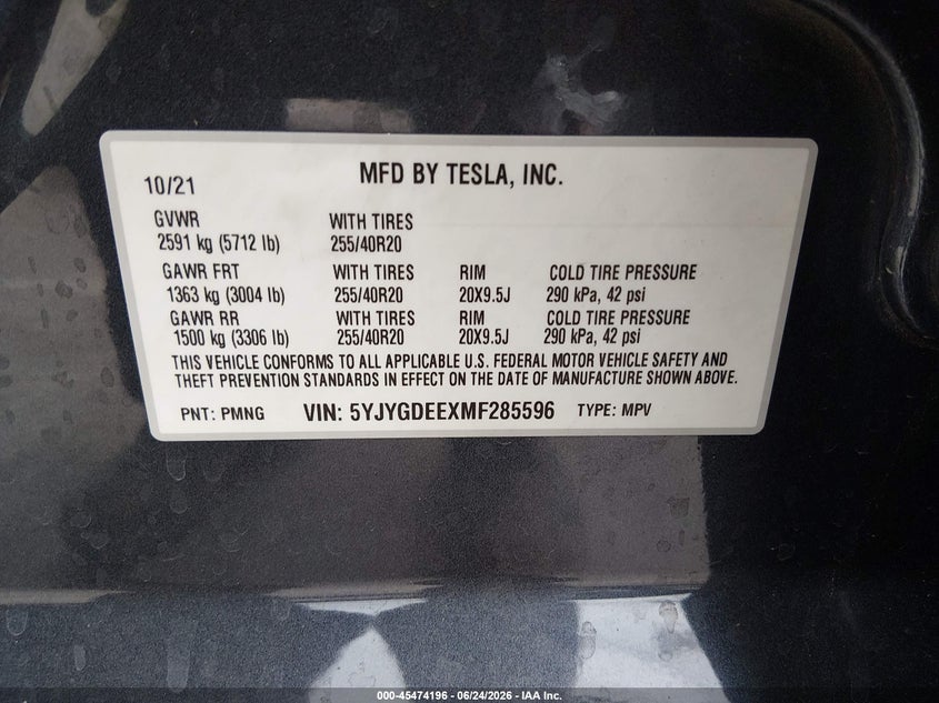 2021 Tesla Model y VIN 5YJYGDEEXMF285596 IAAI salvage auction — REAR END, Salvage (Arizona), sold $8,100 on 2026-07-12 (photo 9)