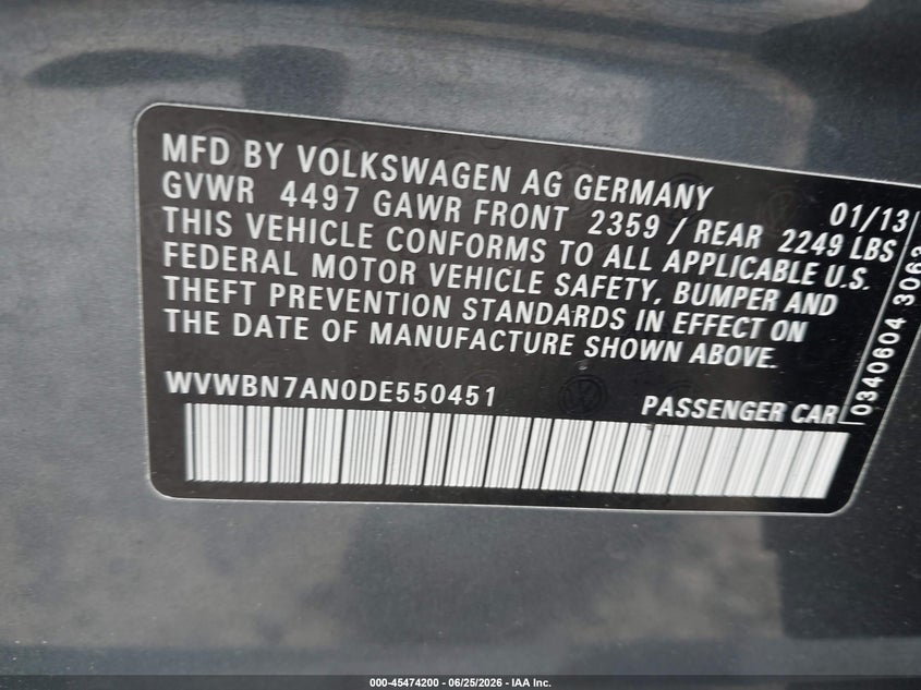 2013 Volkswagen Passat cc VIN WVWBN7AN0DE550451 IAAI salvage auction — NORMAL WEAR, Clear (Georgia), sold $375 on 2026-07-30 (photo 9)