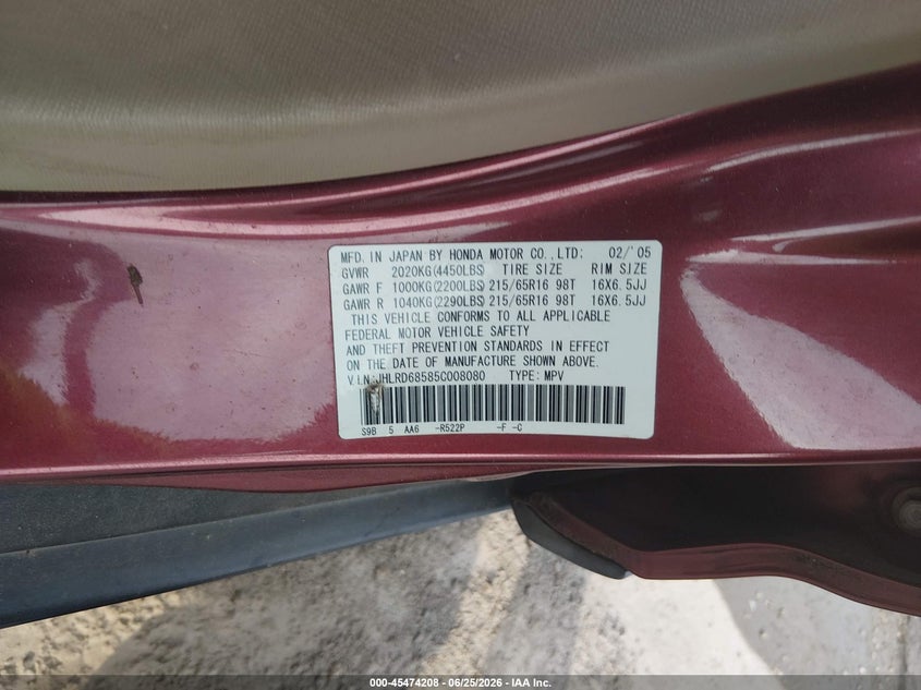 2005 Honda Cr-v VIN JHLRD68585C008080 IAAI salvage auction — NORMAL WEAR, Clear (Maryland), sold $850 on 2026-07-23 (photo 9)