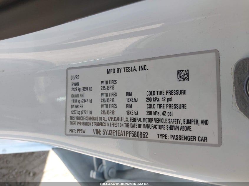 2023 Tesla Model 3 VIN 5YJ3E1EA1PF580862 IAAI salvage auction — REAR END, Salvage (California), sold $8,850 on 2026-07-15 (photo 9)