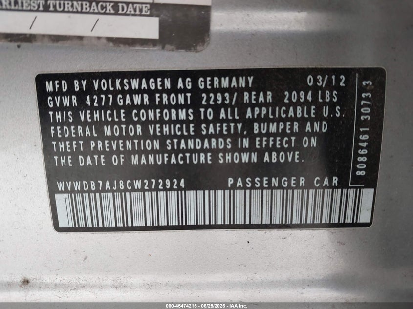 2012 Volkswagen Golf VIN WVWDB7AJ8CW272924 IAAI salvage auction — FRONT END, Bill Of Sale (Washington), sold $400 on 2026-07-15 (photo 9)