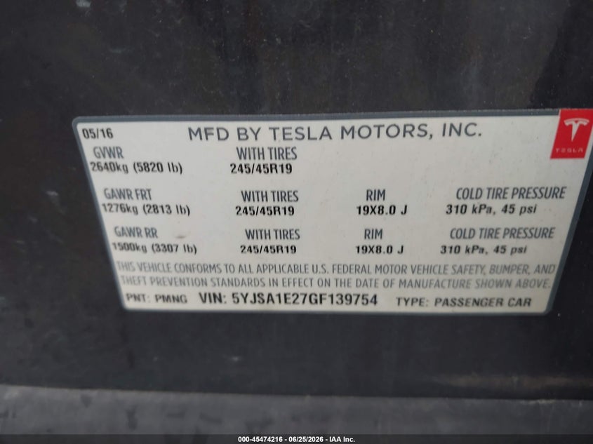 2016 Tesla Model s VIN 5YJSA1E27GF139754 IAAI salvage auction — NORMAL WEAR, Clear (Michigan), sold $5,200 on 2026-07-09 (photo 8)