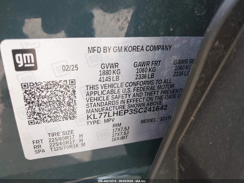 2025 Chevrolet Trax VIN KL77LHEP3SC241642 IAAI salvage auction — REAR END, Salvage Title, sold $4,150 on 2026-07-21 (photo 9)
