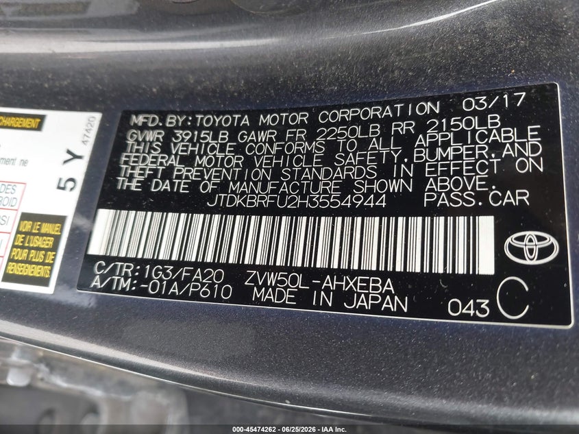 2017 Toyota Prius VIN JTDKBRFU2H3554944 IAAI salvage auction — REAR END, Bill Of Sale (Washington), sold $1,550 on 2026-07-09 (photo 9)