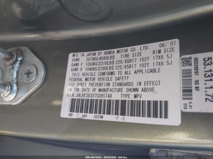 2007 Honda Cr-v VIN JHLRE383X7C065748 IAAI salvage auction — NORMAL WEAR, Clear (Arizona), sold $425 on 2026-07-30 (photo 9)