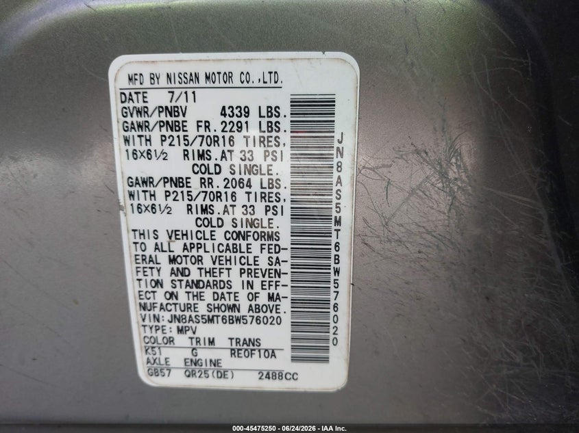 2011 Nissan Rogue sport VIN JN8AS5MT6BW576020 IAAI salvage auction — NORMAL WEAR, Original (Texas), sold $300 on 2026-07-29 (photo 9)