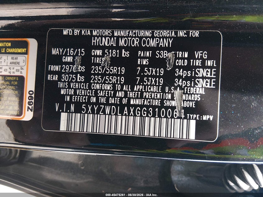 2016 Hyundai Santa fe VIN 5XYZWDLAXGG310064 IAAI salvage auction — FRONT END, Salvage (Kentucky), sold $1,850 on 2026-07-29 (photo 9)