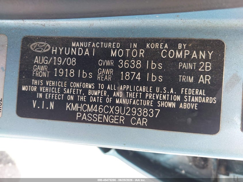 2009 Hyundai Accent VIN KMHCM46CX9U293837 IAAI salvage auction — NORMAL WEAR, Clear (Florida), sold $25 on 2026-07-29 (photo 9)