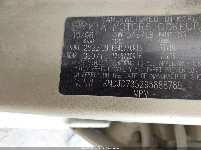 2009 Kia Sorento VIN KNDJD735295888789 IAAI salvage auction — NORMAL WEAR, Repossession Paperwork (South Carolina), sold $325 on 2026-07-28 (photo 8)