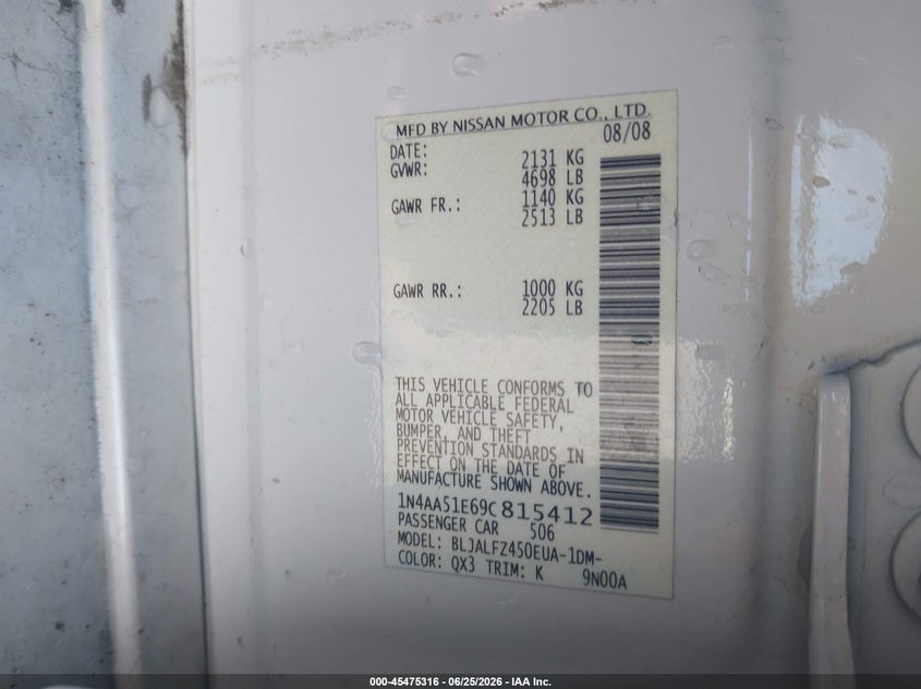 2009 Nissan Maxima VIN 1N4AA51E69C815412 IAAI salvage auction — NORMAL WEAR, Clear (Utah), sold $250 on 2026-07-09 (photo 9)