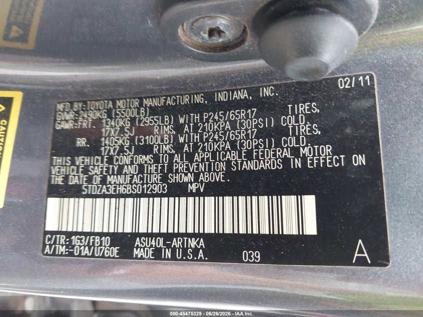 2011 Toyota Highlander VIN 5TDZA3EH6BS012903 IAAI salvage auction — NORMAL WEAR, Clear (Virginia), sold $3,150 on 2026-07-10 (photo 9)