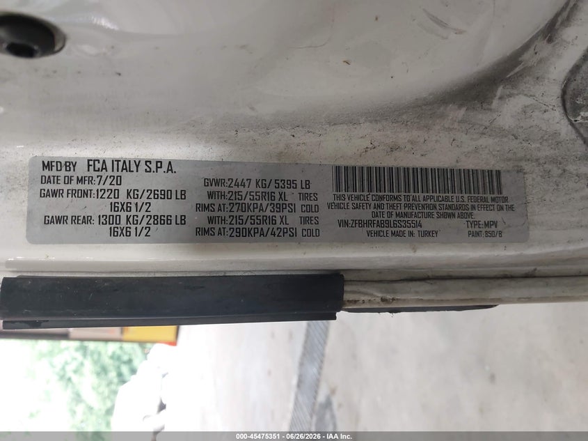 2020 Ram Promaster city VIN ZFBHRFAB9L6S35514 IAAI salvage auction — LEFT FRONT, Clear (North Carolina), sold $3,400 on 2026-07-09 (photo 9)