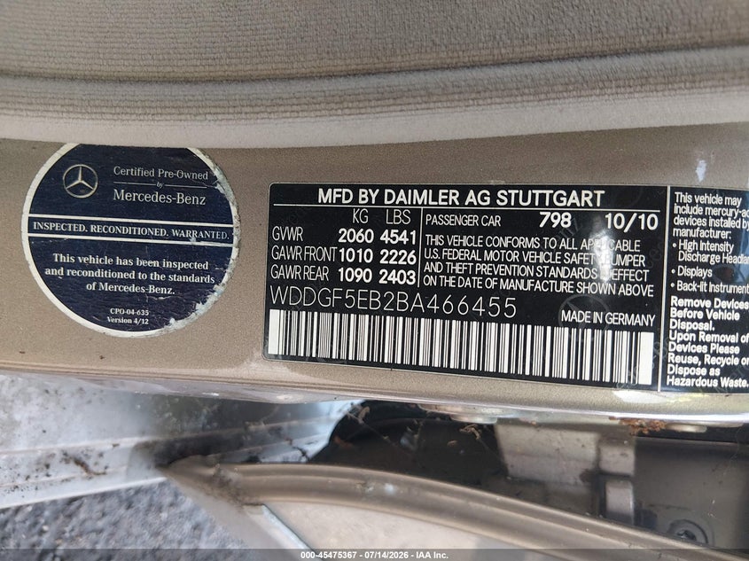 2011 Mercedes-benz C-klasse VIN WDDGF5EB2BA466455 IAAI salvage auction — FRONT END, Clear (Alabama), sold $275 on 2026-08-11 (photo 9)