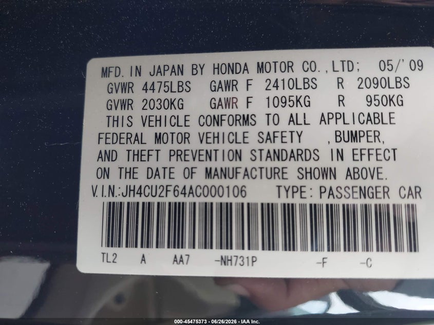 2010 Acura Tsx VIN JH4CU2F64AC000106 IAAI salvage auction — FRONT END, Salvage (Idaho), sold $2,000 on 2026-07-15 (photo 9)