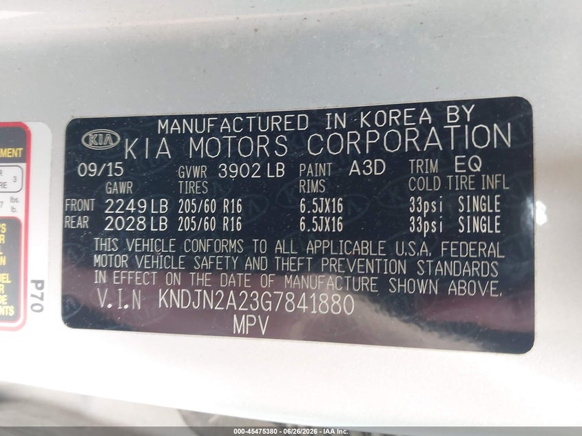 2016 Kia Soul VIN KNDJN2A23G7841880 IAAI salvage auction — THEFT, Salvage (North Carolina), sold $25 on 2026-07-29 (photo 9)
