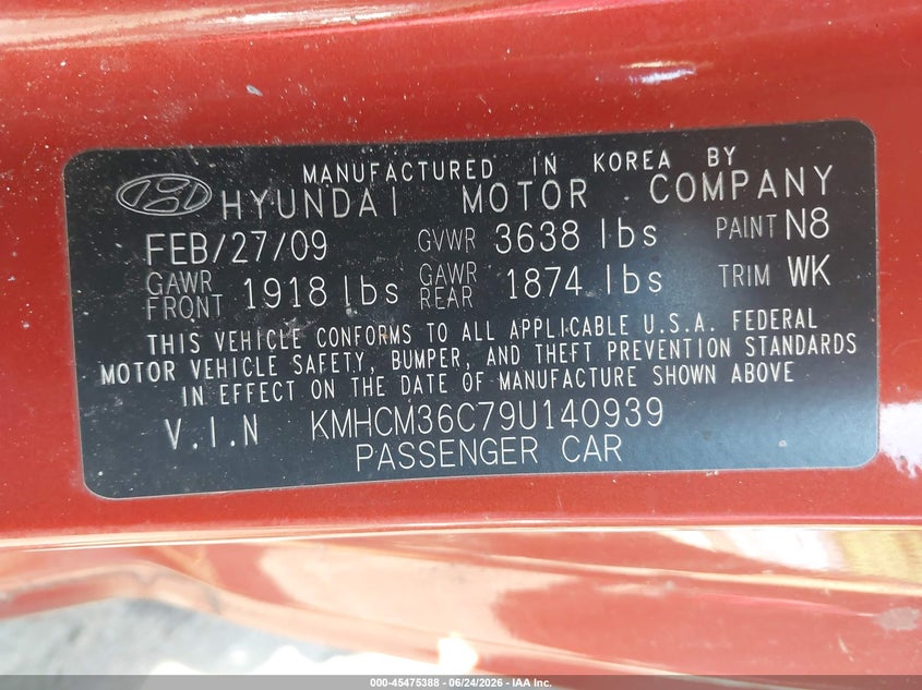 2009 Hyundai Accent VIN KMHCM36C79U140939 IAAI salvage auction — NORMAL WEAR, Clear (Maryland), sold $400 on 2026-07-07 (photo 9)