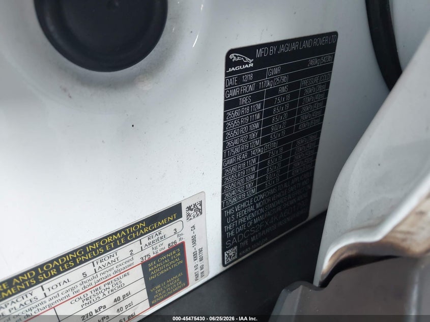 2019 Jaguar F-pace VIN SADCS2FX4KA601792 IAAI salvage auction — FRONT END, Salvage Title, sold $1,100 on 2026-07-29 (photo 9)