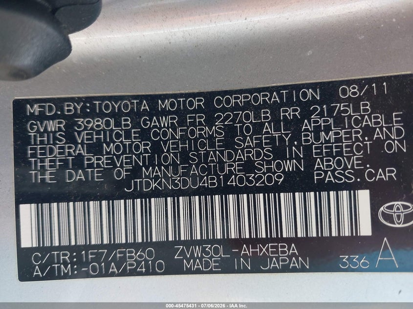 2011 Toyota Prius VIN JTDKN3DU4B1403209 IAAI salvage auction — FRONT END, Clear (Virginia), sold $1,250 on 2026-07-28 (photo 9)