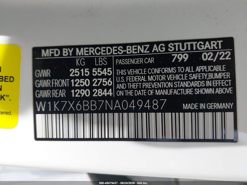 2022 Mercedes-benz VIN W1K7X6BB7NA049487 IAAI salvage auction — RIGHT SIDE, Salvage Title, sold $40,500 on 2026-08-13 (photo 9)