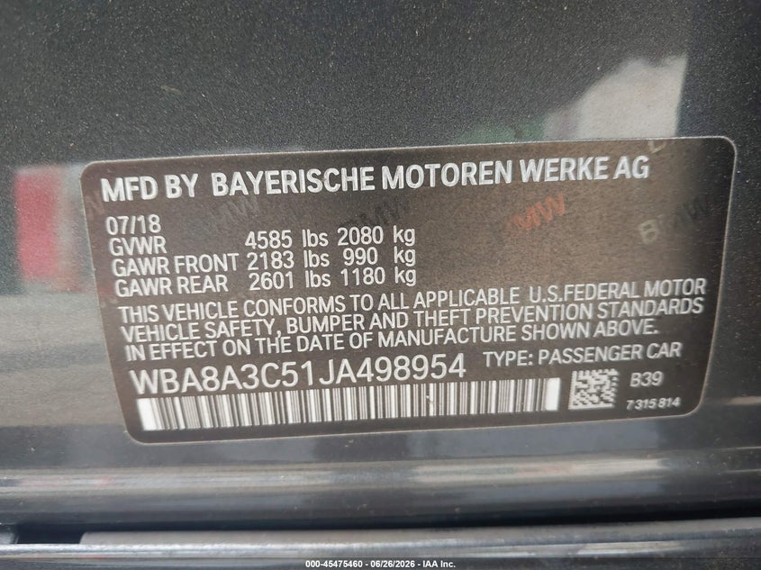 2018 BMW 3er VIN WBA8A3C51JA498954 IAAI salvage auction — FRONT END, Salvage Title, sold $825 on 2026-07-28 (photo 9)