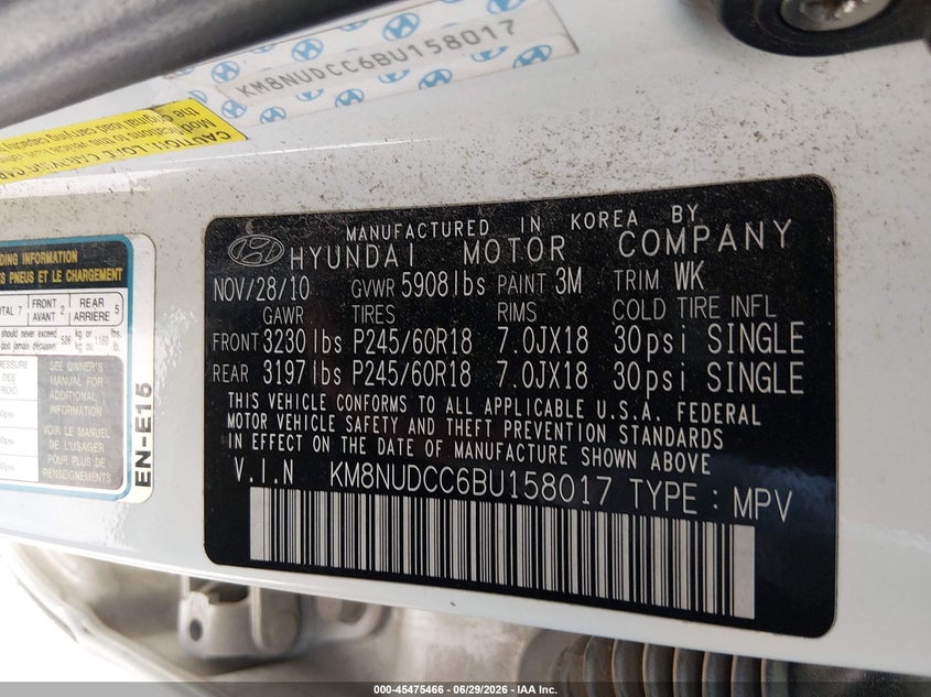 2011 Hyundai Veracruz VIN KM8NUDCC6BU158017 IAAI salvage auction — NORMAL WEAR, Clear (South Carolina), sold $1,000 on 2026-07-22 (photo 9)