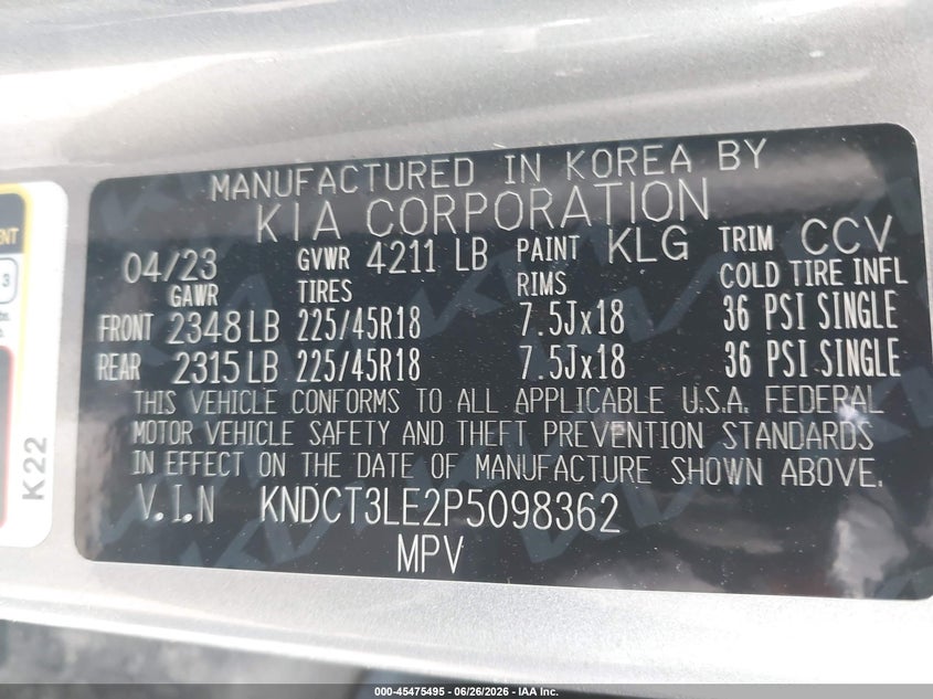 2023 Kia Niro VIN KNDCT3LE2P5098362 IAAI salvage auction — SIDE, Salvage Title, sold $8,900 on 2026-08-21 (photo 9)