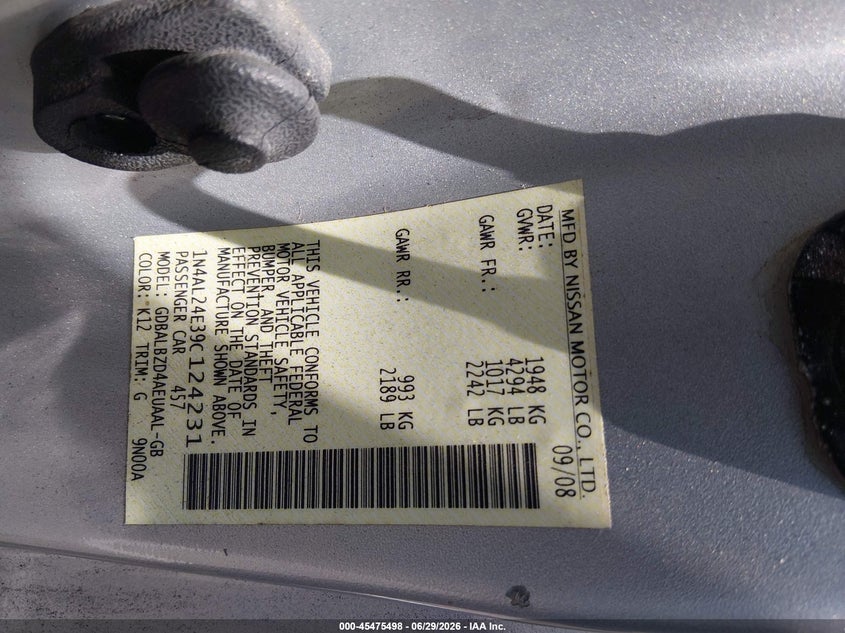 2009 Nissan Altima VIN 1N4AL24E39C124231 IAAI salvage auction — NORMAL WEAR, Rebuilt (Mississippi), sold $450 on 2026-07-09 (photo 9)