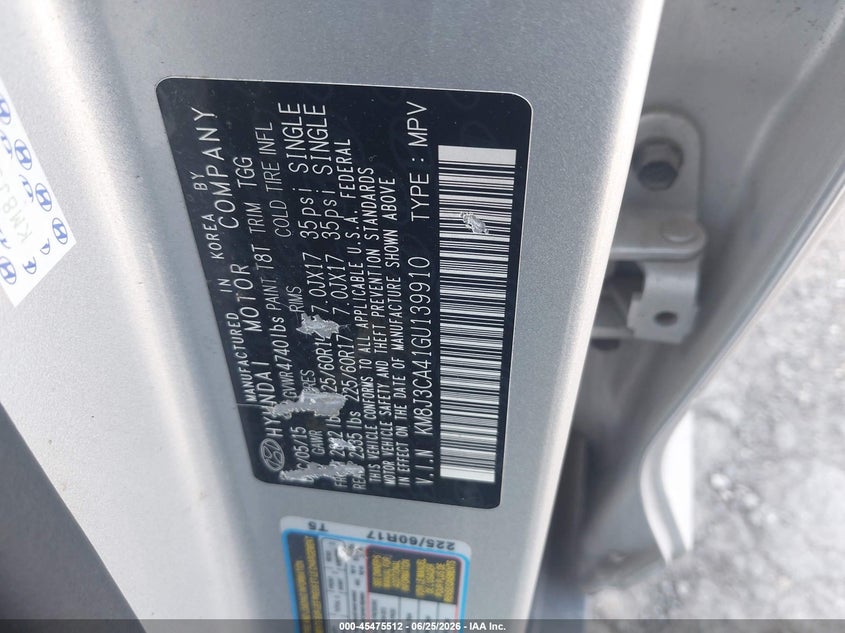 2016 Hyundai Tucson VIN KM8J3CA41GU139910 IAAI salvage auction — ALL OVER, Salvage Title, sold $1,750 on 2026-07-23 (photo 9)
